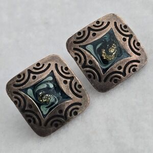 Vintage Newpro Square Stud Earrings Teal Green Enamel Silver Tone Etched Boho